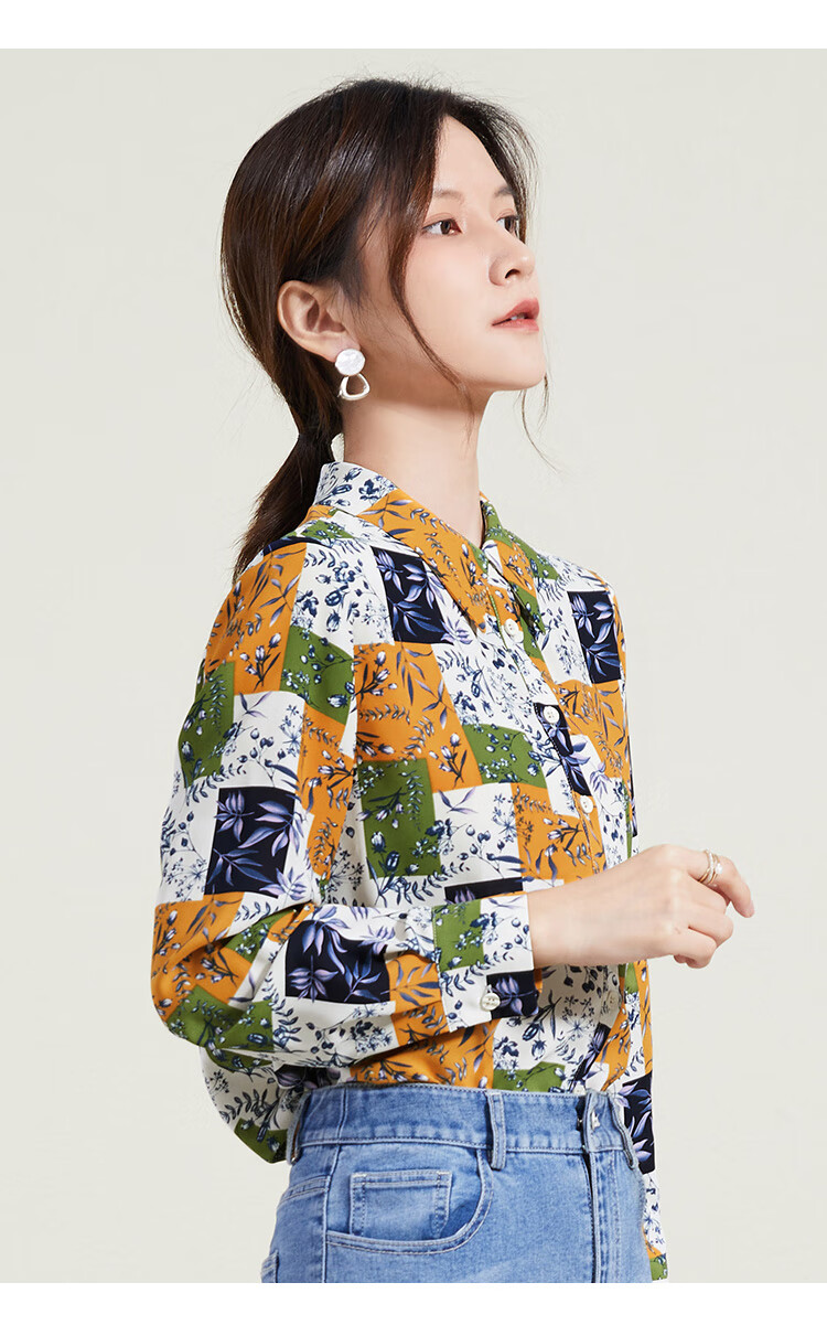 熙然2021秋装新款宽松大自然风情格子撞色印花衬衫女休闲翻领上衣品红