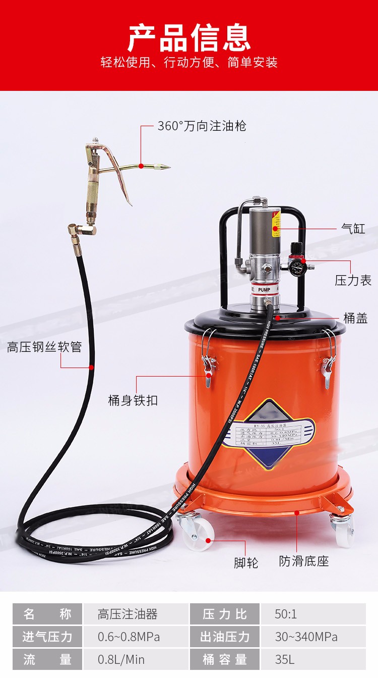 气动黄油机高压注油器润滑油加注黄油枪管配件打黄油机黄油泵35l放桶