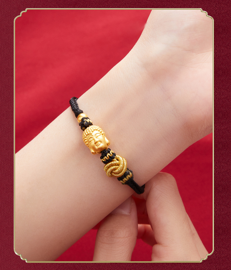 老凤祥凤凰99佛头黄金手链男士黑绳情侣款金佛像转运珠单个本命年编绳