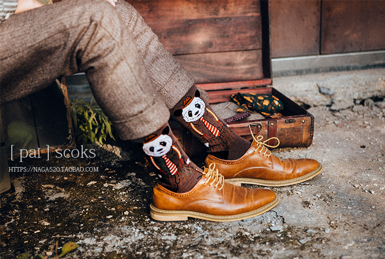 街头男袜原单绅士西装长筒袜春夏季ins好看的花袜子咖啡棕熊猫3846