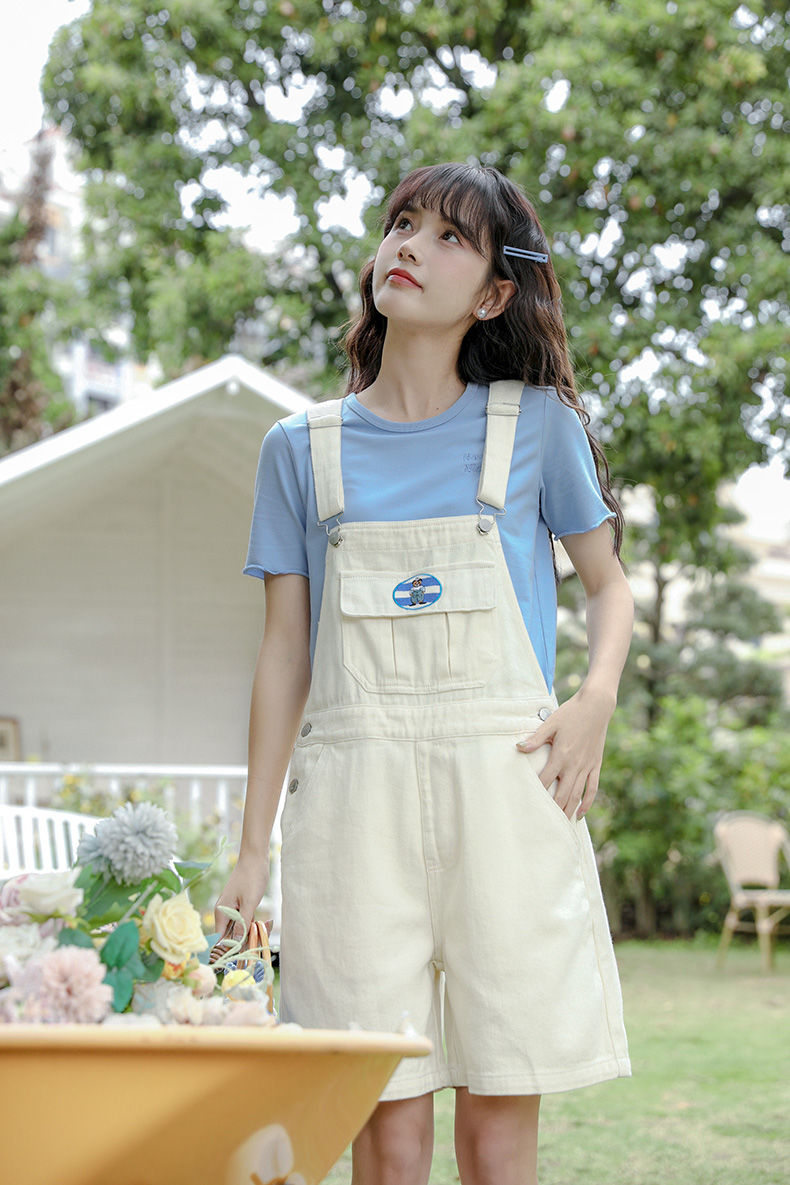 背带短裤女学生韩版宽松白色牛仔背带裤女2022夏新款刺绣五分裤甜美