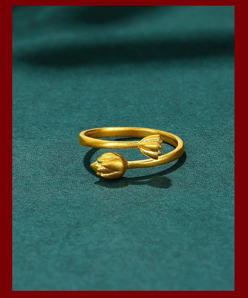 老凤凰999足金莲蓬黄金戒指女款开口两世欢金指环莲花莲子戒子活口古