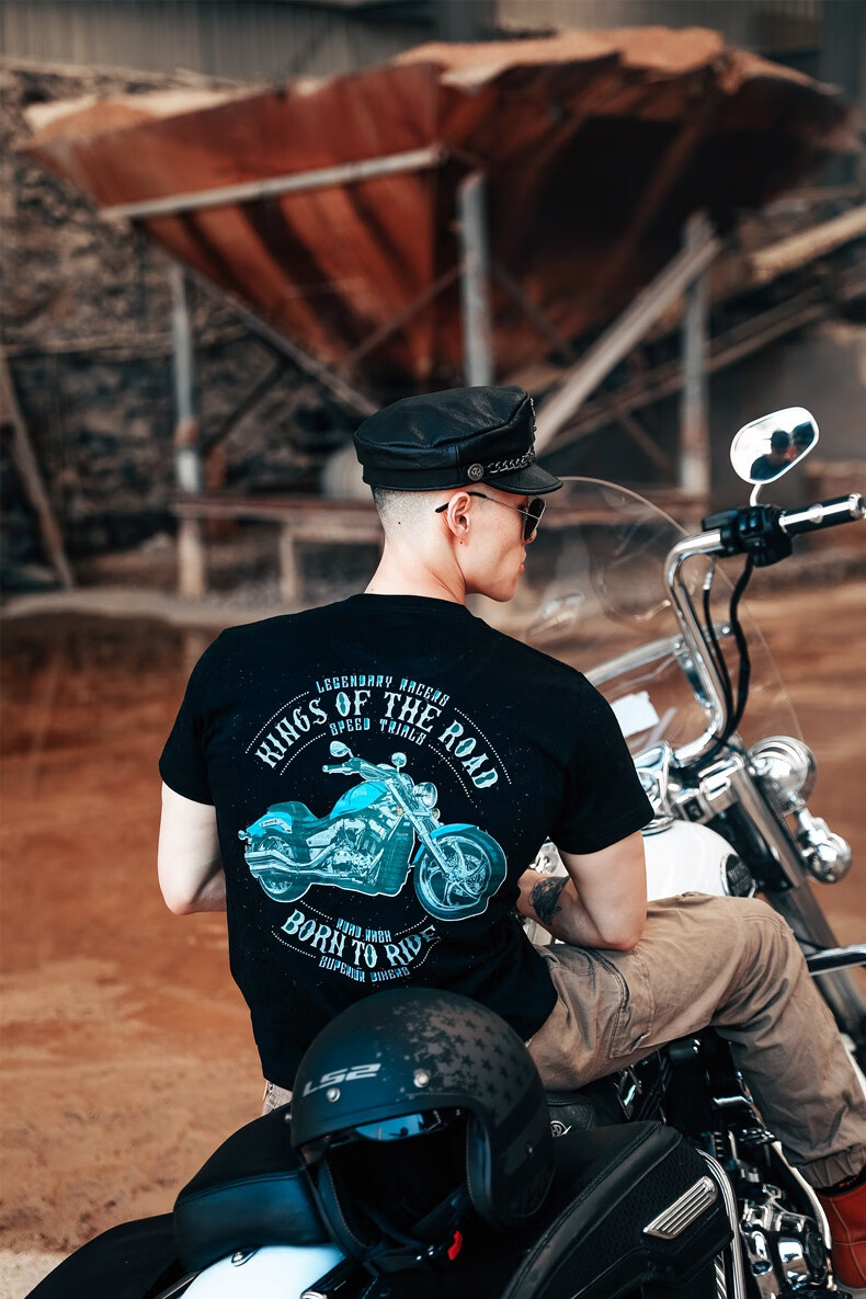 哈雷复古摩托车短袖t恤美式硬汉重机车车迷骑行t恤短袖男体恤衫工装t