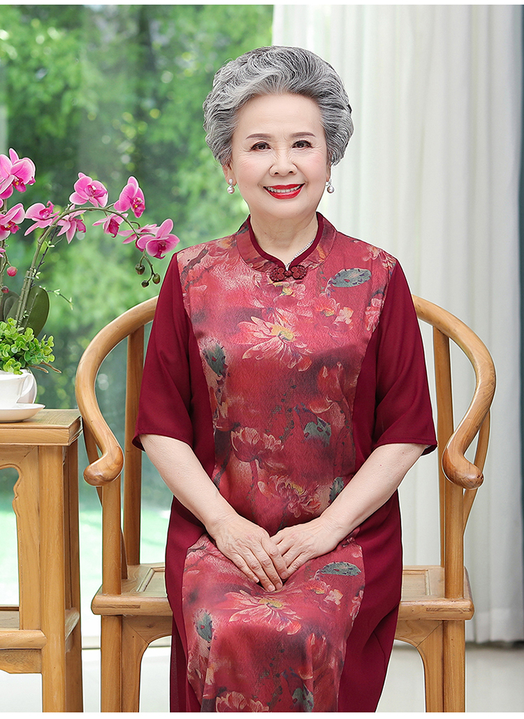 中老年人女装夏装仿真丝连衣裙桑蚕丝改良旗袍外婆老人妈妈短袖奶奶