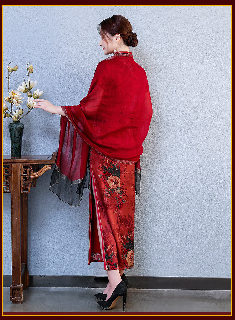 婚礼婚庆喜婆婆春秋旗袍披肩红色喜庆妈妈婚宴礼服真丝长款围巾外披薄
