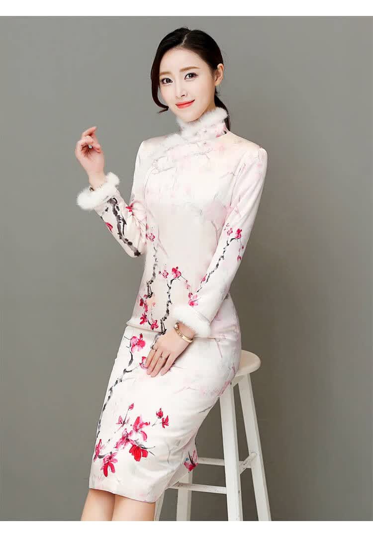 释志2021年冬季冬季新款韩版长袖连衣裙女中长款加绒加厚改良旗袍打底