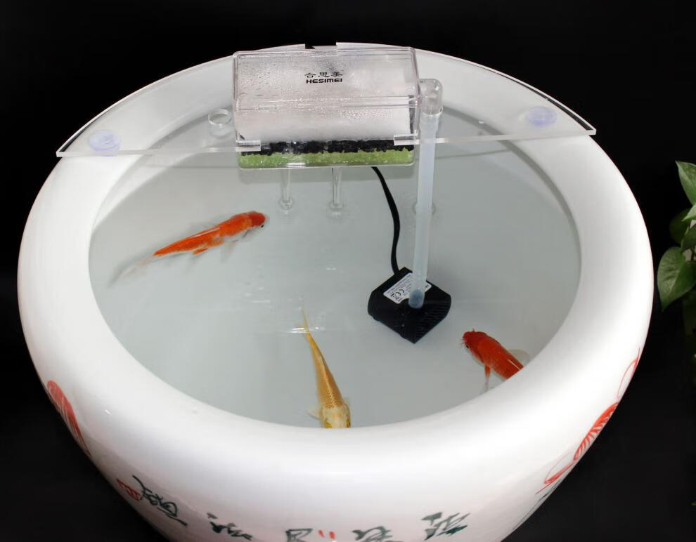 圆形鱼缸过滤器陶瓷圆缸圆柱造景氧气泵外置小型家用过滤棉盒小号白色