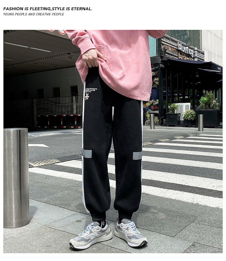 新款樱花运动裤拼接加厚束脚卫裤男士休闲裤f抖音快手男装黑色加绒m