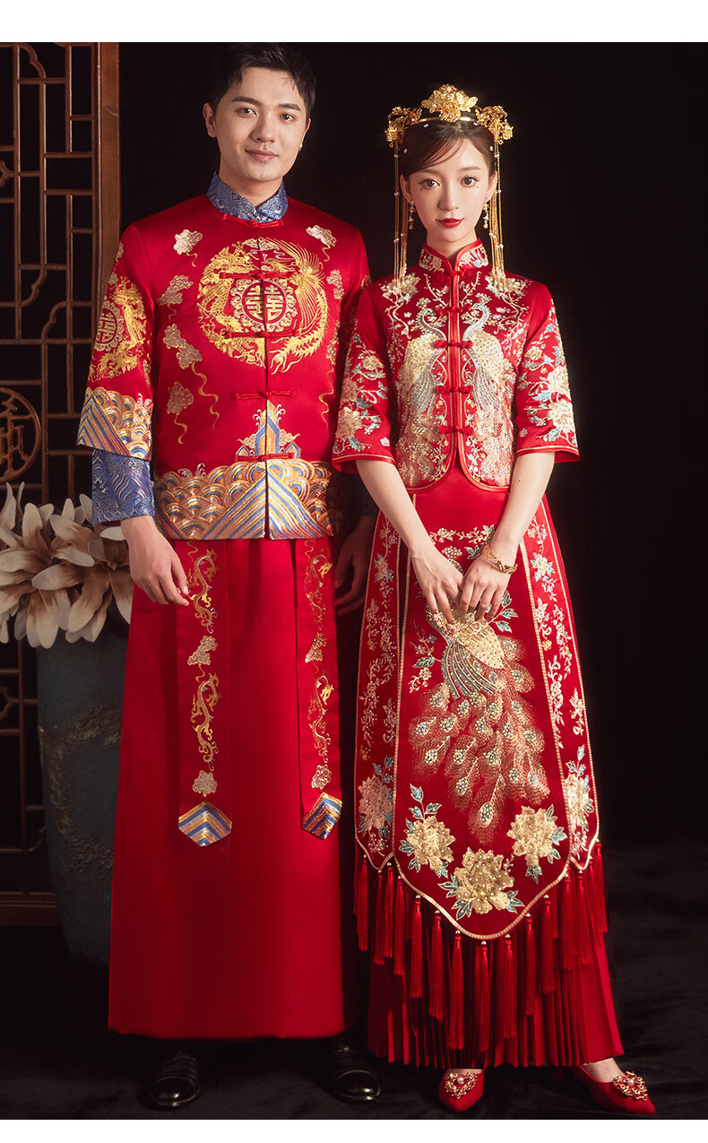 中式结婚礼服男女套装秀禾服2021年新款新娘龙凤褂情侣敬酒服秀禾孔雀