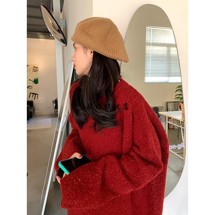本命年红衣服女红毛衣红色新年宽松慵懒风洋气喜庆针织衫 红色 均码