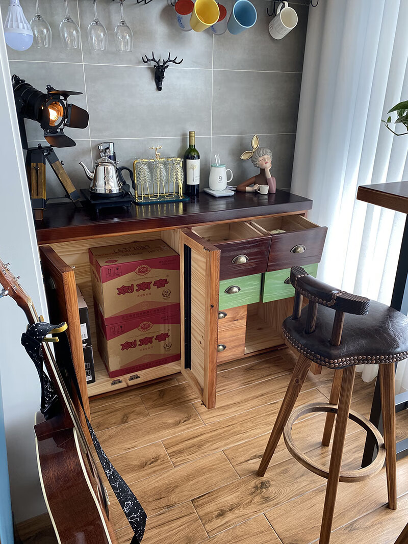 阳台吧台桌椅组合家用茶水吧台柜水吧台美式铁艺实木咖啡吊柜杯架