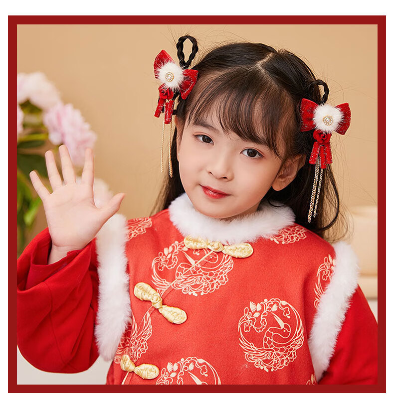 儿童汉服发饰新年头饰宝宝拜年中国风红色发卡小女孩公主古风发夹红
