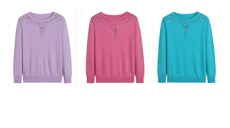 鄂尔多市产秋冬季纯羊绒衫女圆领薄款纯色镶钻针织衫套头毛衣 藕荷色