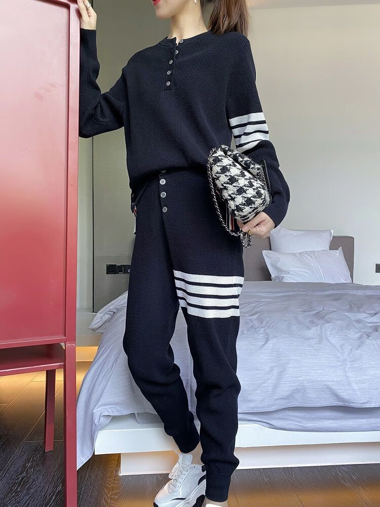 四条杠华夫格气质卫衣外套休闲运动套装2021新款秋装感两件套藏青色