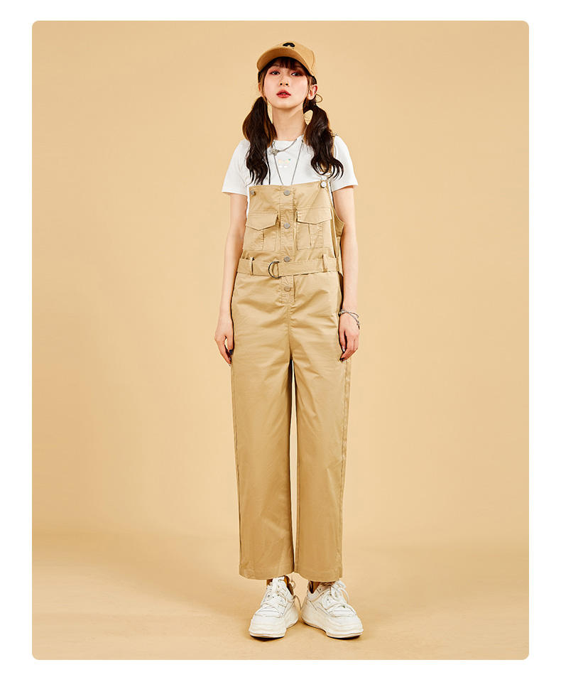 木果果木2022商场同款工装风宽松直筒卡其色背带裤日系小个子女卡其l