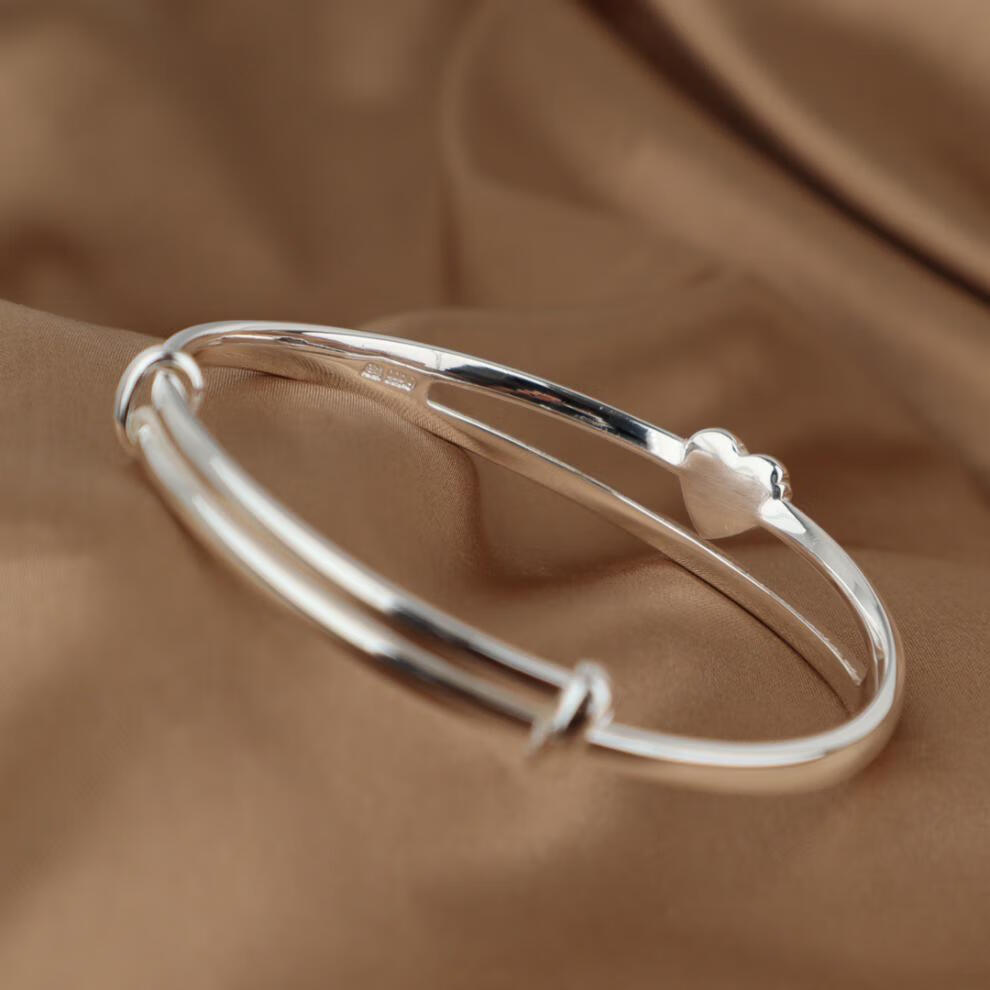 周大福款式s9999银手镯推拉 足银手环银镯子 爱心钉砂镂空 光面爱心