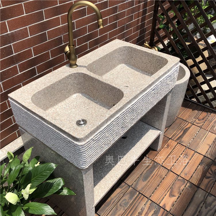 一体水槽艺术庭院石材洗手盆家用落地式水池双灰色90曲线款配拖把池