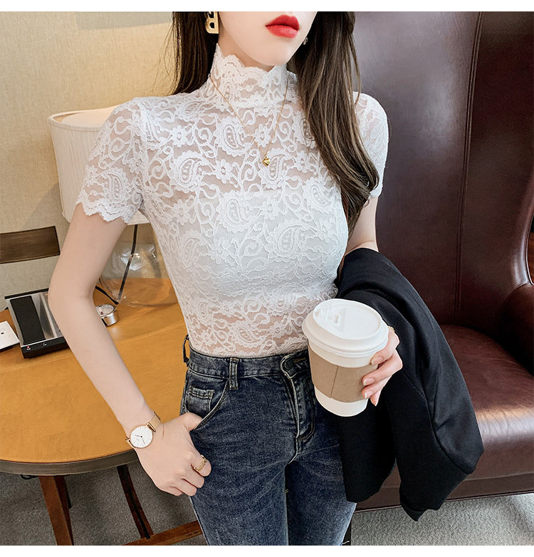 新品百搭蕾丝假领背心性感镂空蕾丝衫女短袖夏装显瘦洋气上衣百搭半高
