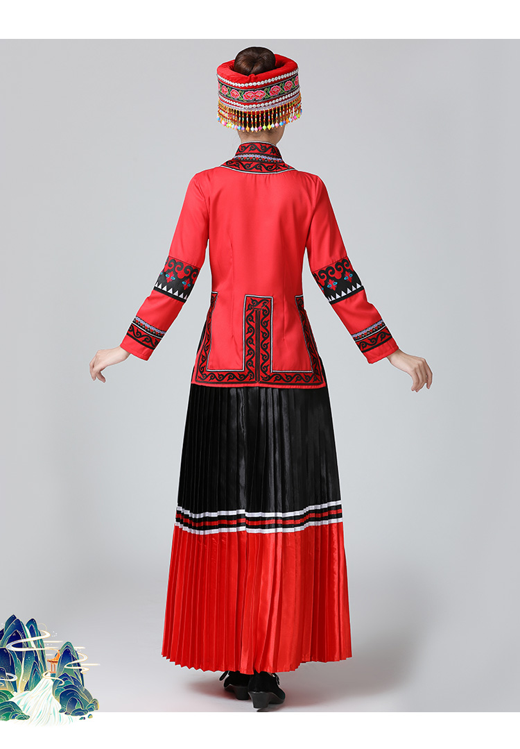 女七月把节演出服少数民族舞蹈服装彝族舞台表演服红色新款三件套m