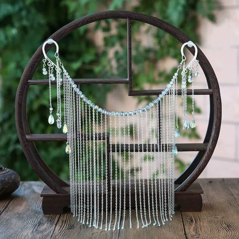 元宠面纱古风耳挂面帘汉服古装遮脸饰品古代遮面发饰超仙流苏银色面连