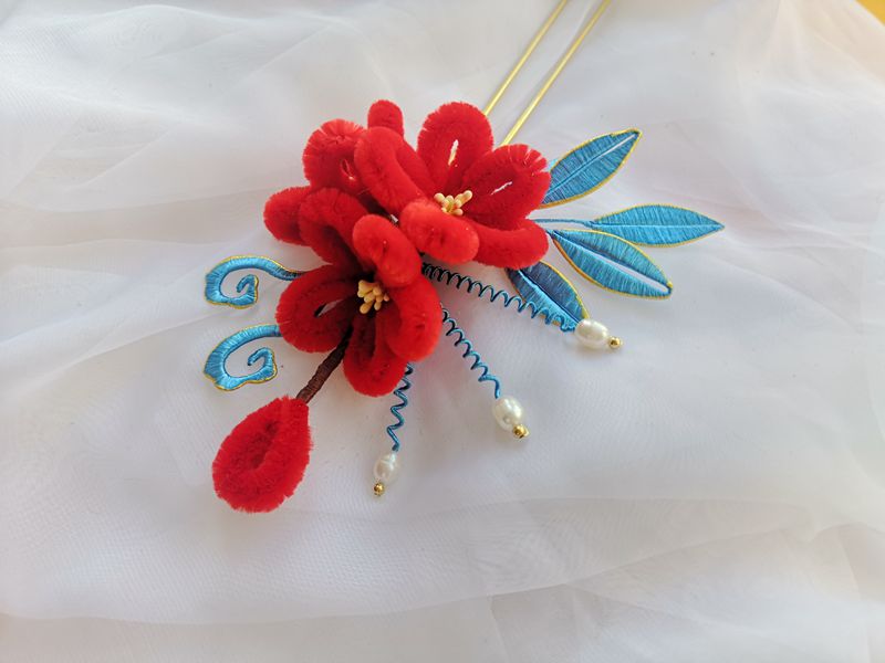 绒花发簪汉服头饰手工仿发钗缠花描金淡水珍珠流苏步摇发饰桔色单发簪