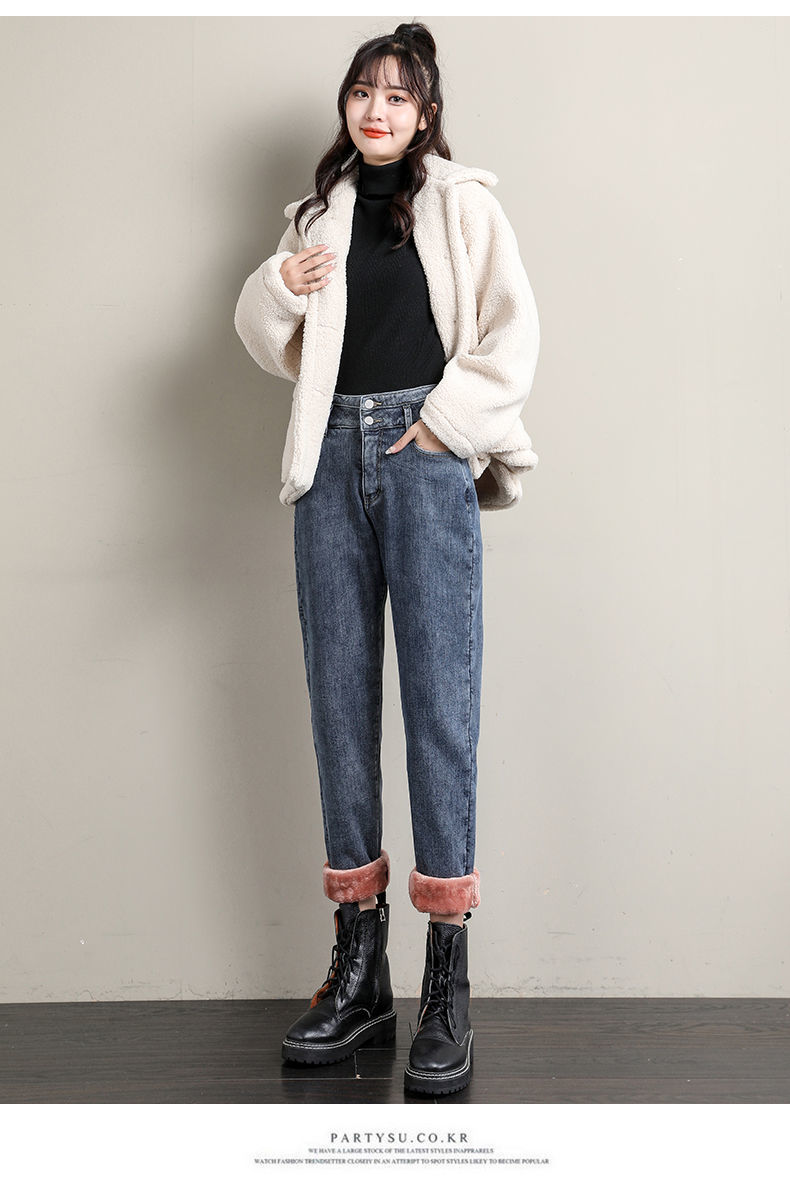 女士哈伦裤潮ins秋冬棉裤子女外穿加厚老复古蓝加绒九分s96105斤腰围