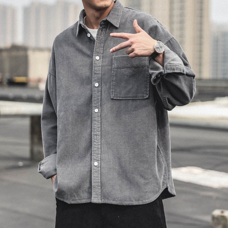 shiy春季灯芯绒衬衫男生长袖日系潮流潮牌休闲宽松运动衬衣外套打底衬