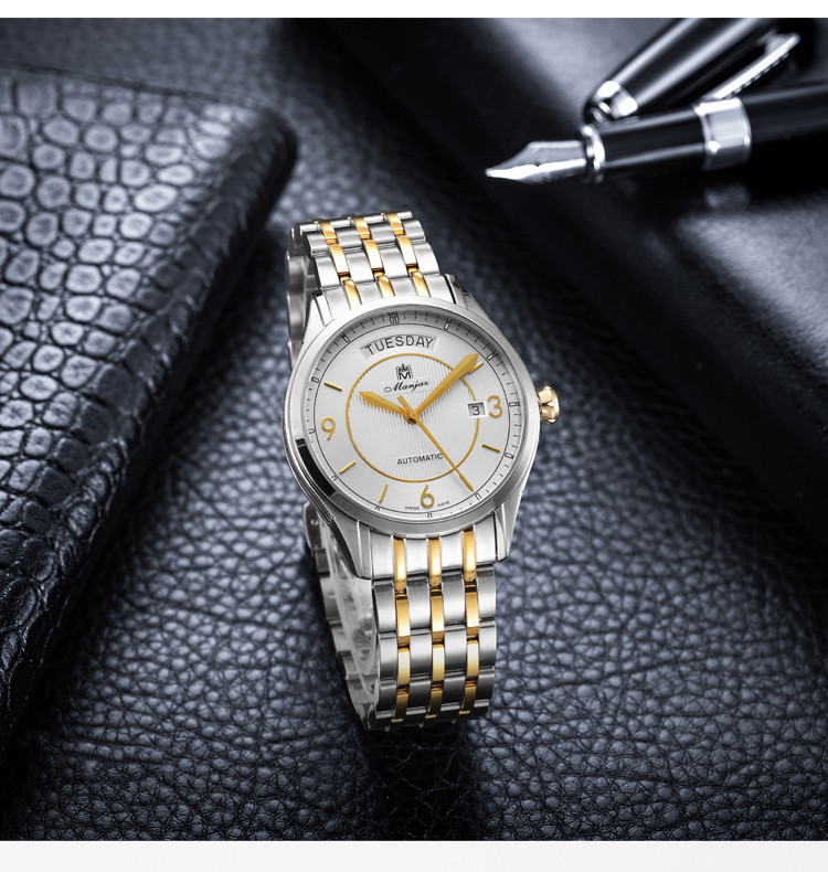 名爵manjaz瑞士手表男全自动机械表休闲精钢表带防水腕表黑色盘银色壳