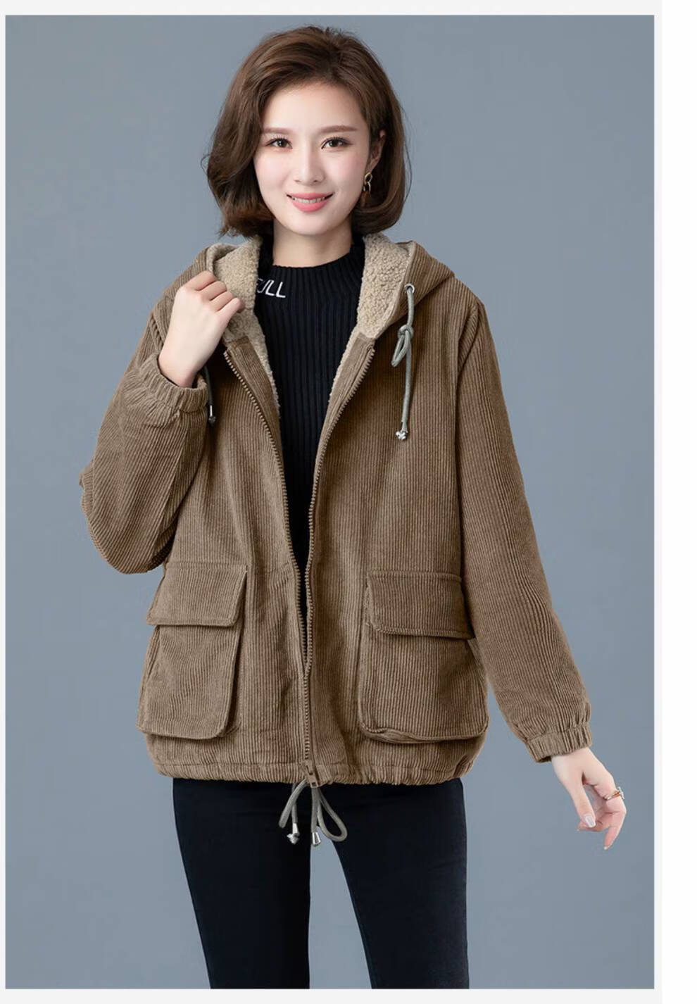 啄木鸟秋冬款短款灯芯绒加绒女2021年秋冬季新款韩版保暖中年加厚棉衣