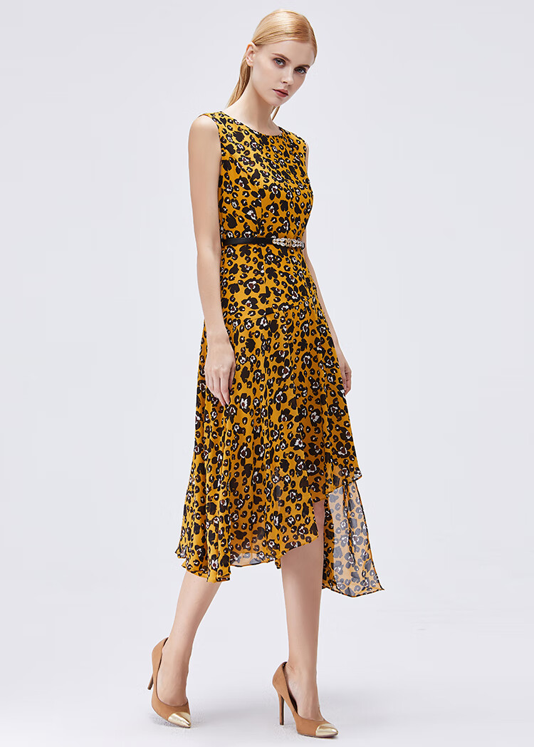 商场同款马天奴2022夏季新款黄色过膝中长不规则豹纹印花雪纺连衣裙含