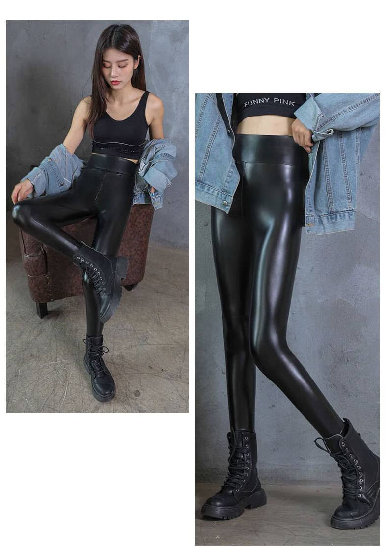 浪莎皮裤女高腰加绒加厚秋新款提臀显瘦大号打底裤长裤女士保暖光泽裤