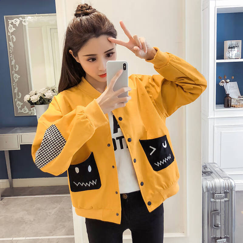 时尚春季新款学院风原宿风外套女韩版学生宽松服潮 黄色 s 75-90斤【