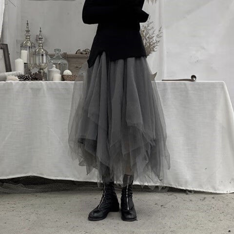 网纱半身裙女黑灰系不规则拼接网纱半身裙女2022夏新