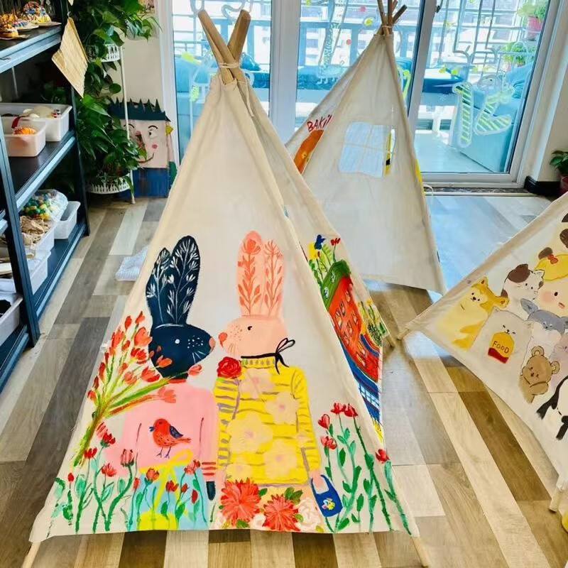 【闪电发货】儿童户外帐篷儿童手绘帐篷幼儿园彩绘涂鸦白色手工三角小