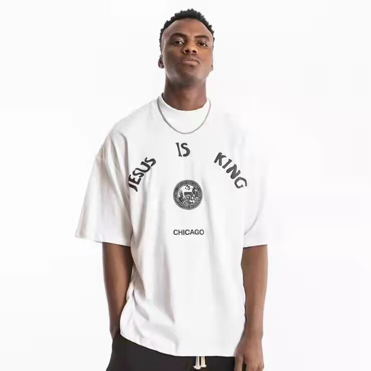 kanye侃爷美式潮牌芝加哥发泡字母印花高街t恤男女夏半袖上衣 黑色 l