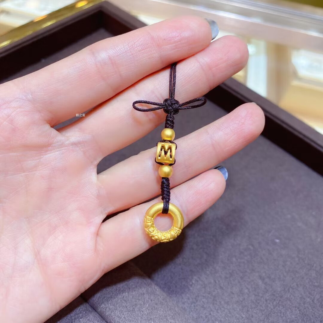 老凤凰足金999情侣手机挂件黄金字母车钥匙扣金箍圈素圈刻字新款 转运