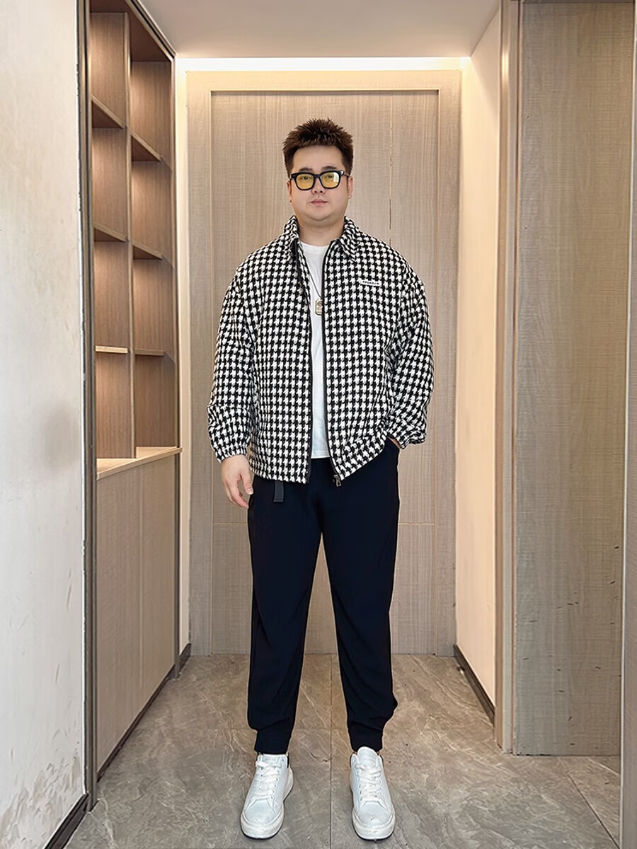 轩森图 微胖男生春秋季千鸟格夹克外套男潮牌上衣帅气轻熟风大码胖子