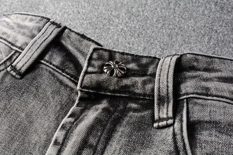 克罗心裤子男烟灰色弹力修身小脚裤高街拼皮十字架牛仔裤潮灰色28