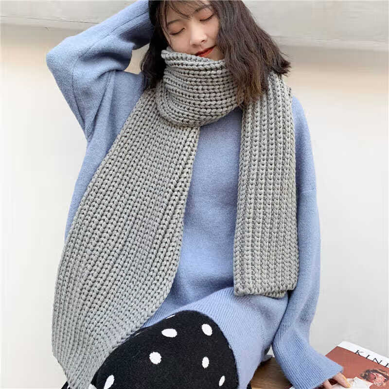 围巾女冬款学生粗针织2021新款冬季加厚保暖毛线披肩纯色简约针织围巾