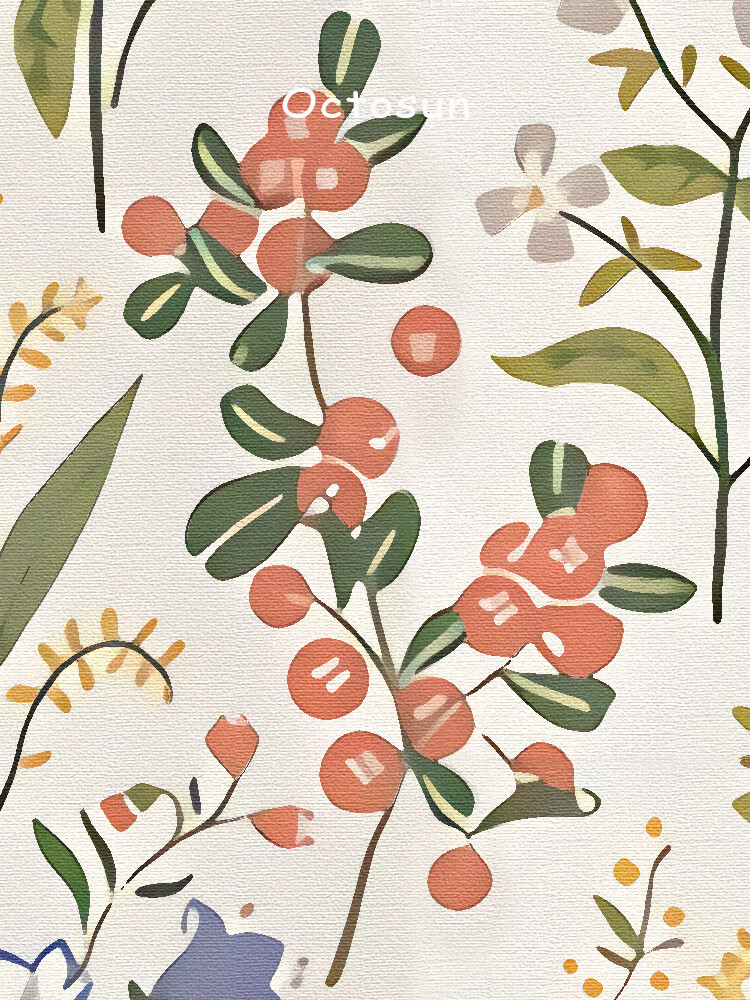长颈鹿和夏天北欧插画植物碎花墙纸沙发背景墙壁纸壁画甜品店墙布图可