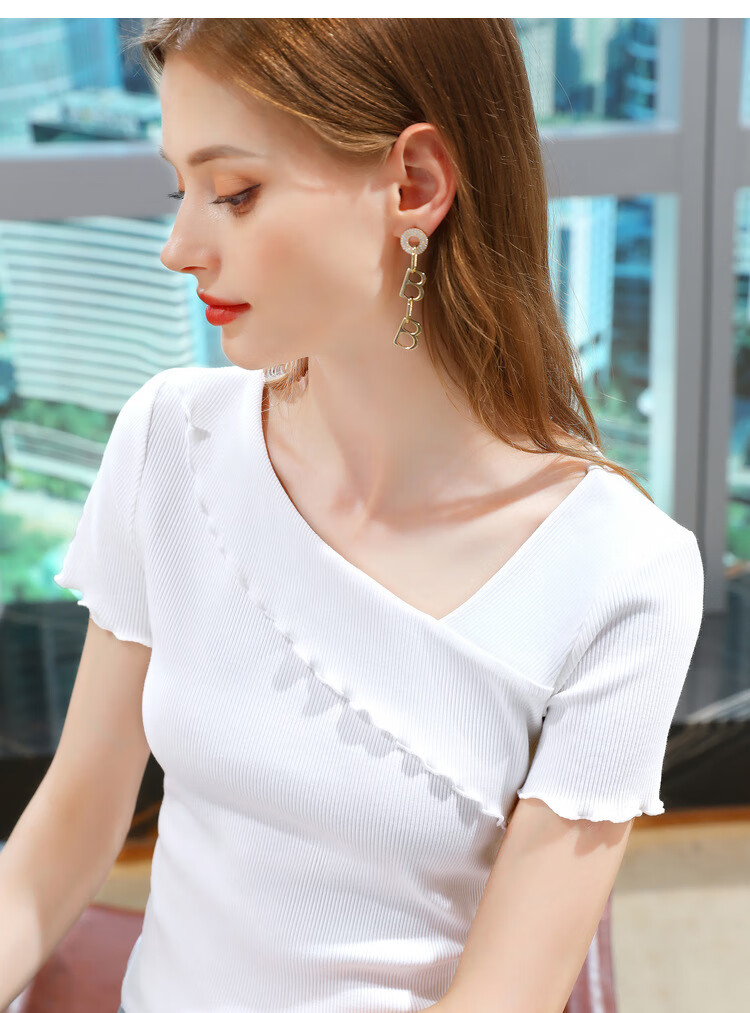 不规则t恤女体恤斜v领t恤女2022新款夏季女装雾霾蓝显瘦上衣短袖不