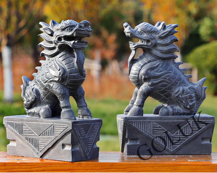 定制适用石雕石头青石麒麟门口摆件一对神兽镇宅纳福风水小石麒麟 高