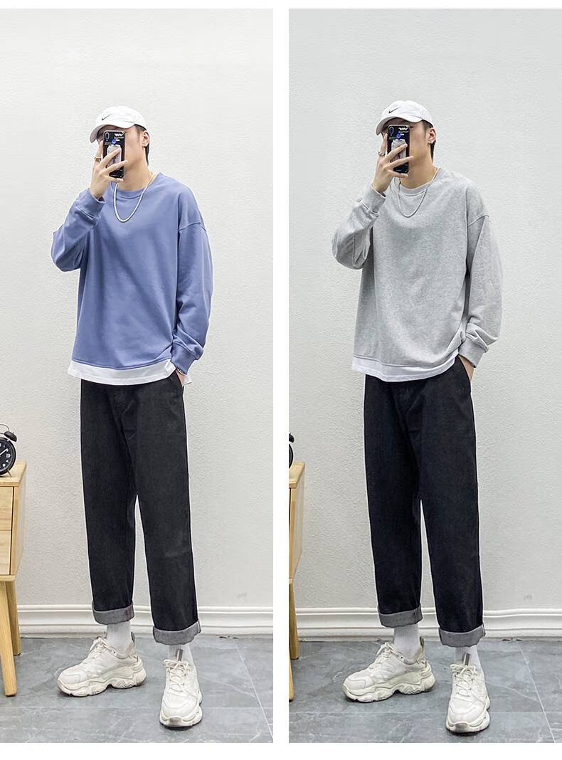 牛仔裤两件套秋冬季男士男生秋装休闲潮流青少年秋季外套绿色卫衣s