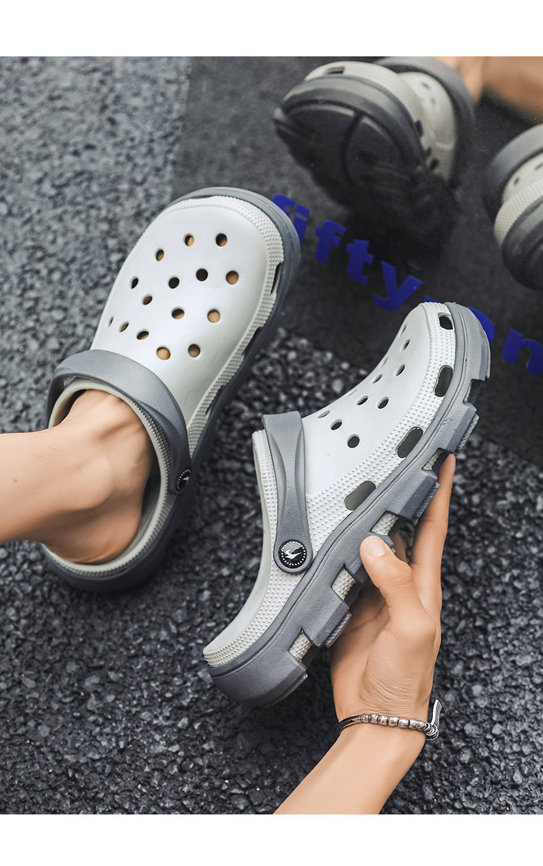 洞洞鞋男夏季外穿户外凉拖鞋厚底防滑沙滩潮大头踩屎感男士凉鞋夏卡其