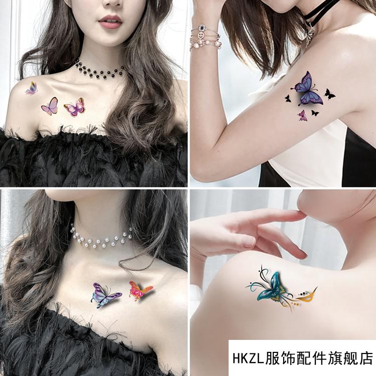 hkzl蝴蝶纹身贴d立体水汗女生女士仿小图案锁骨遮疤痕文身贴纸晒手套