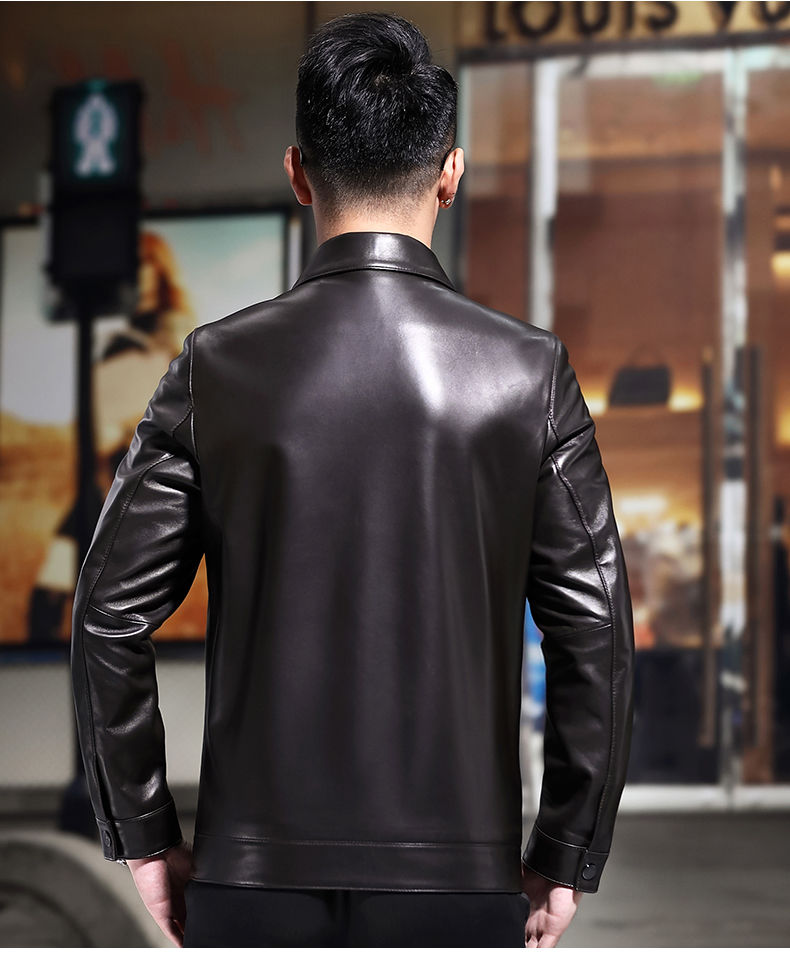 保威特犀牛海宁真皮皮衣男中老年绵羊皮夹克翻领时尚休闲潮流外套黑色