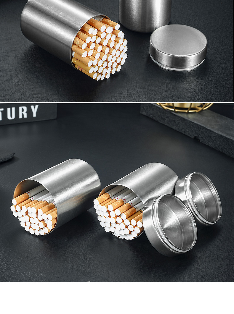 304不锈钢烟筒50支装大容量车载家用密封防潮胶圈便携烟盒储烟罐原色