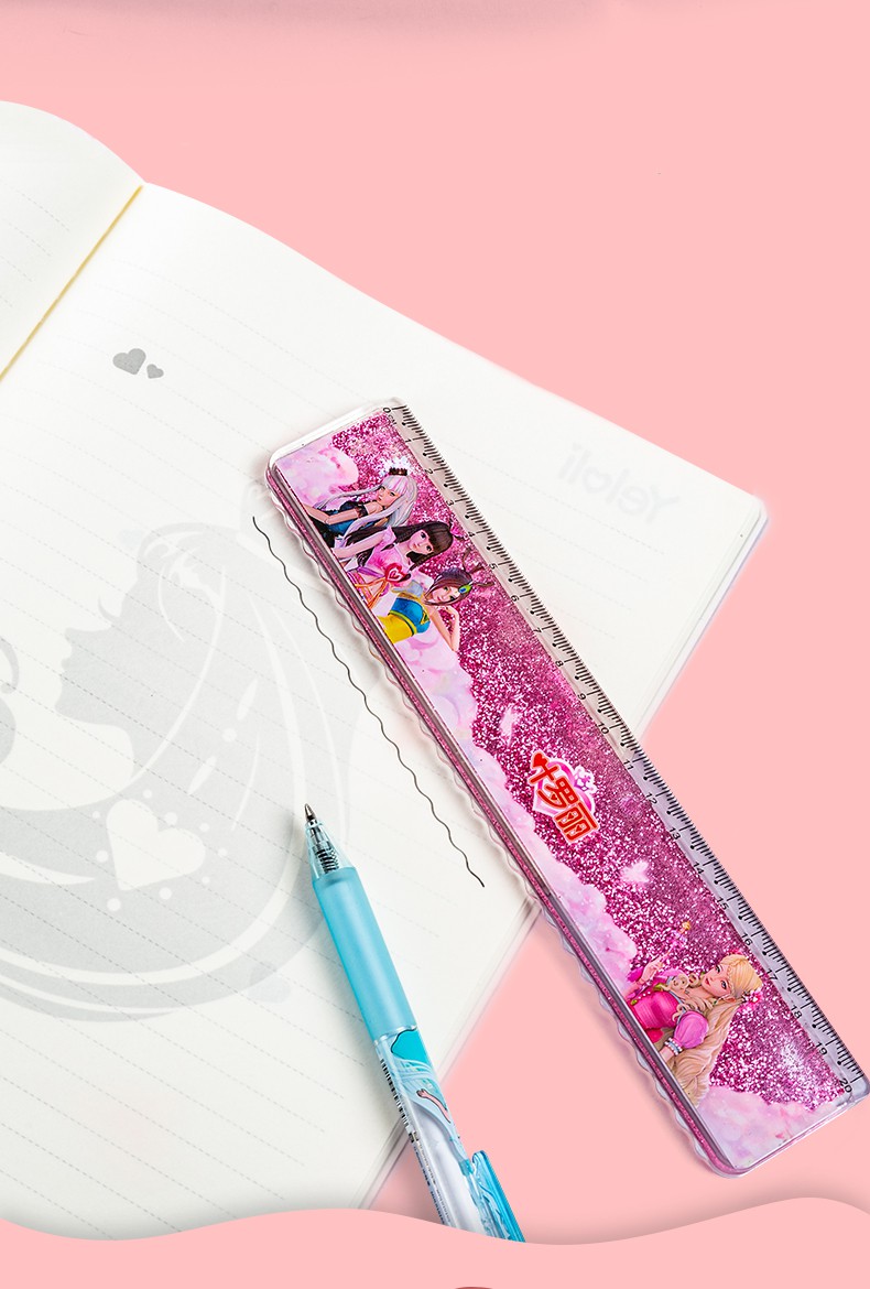 叶罗丽流沙直尺 卡通透明少女心可爱小学生用入油塑料20cm带波浪线网