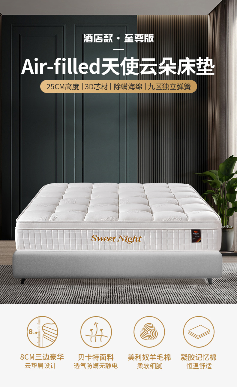 Sweetnight 弹簧床垫天然乳胶垫床垫十大家用1.5米1.8m酒店软垫加厚定制 安妮(3cm高纯乳胶+九区静音独袋弹簧+美利奴羊毛 1.5米*1.9米