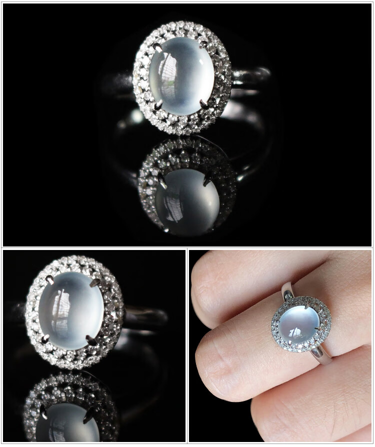 女冰种戒面裸石玻璃种蛋面白冰翡翠玉戒指18k金镶嵌 8号 白色【图片